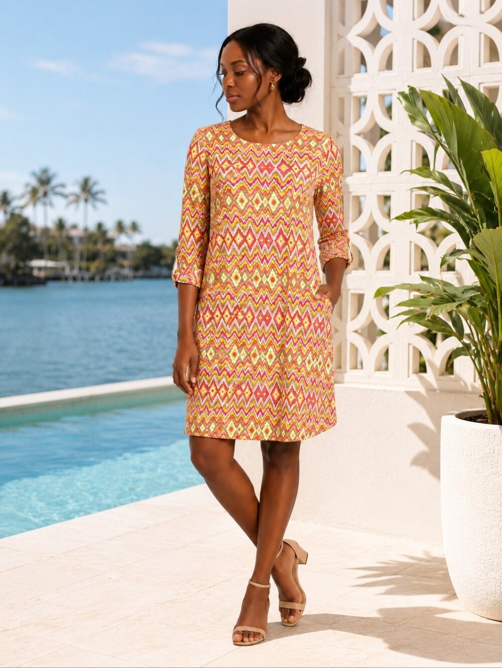 Tropical Resort Retro Shift Dress 60s Vibe Mod Vibrant Colorful Palm Beach Chic